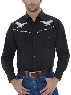 Ely Cattleman Black Western Eagle Embroidered Snap Shirt